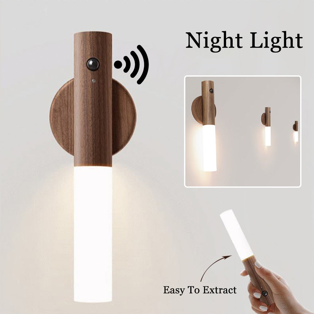 Wireless Motion Sensor Night Light – LED Wall Lamp with USB & Wood Finish