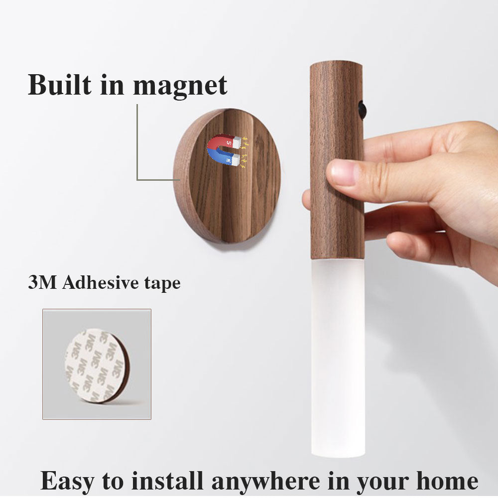 Wireless Motion Sensor Night Light – LED Wall Lamp with USB & Wood Finish