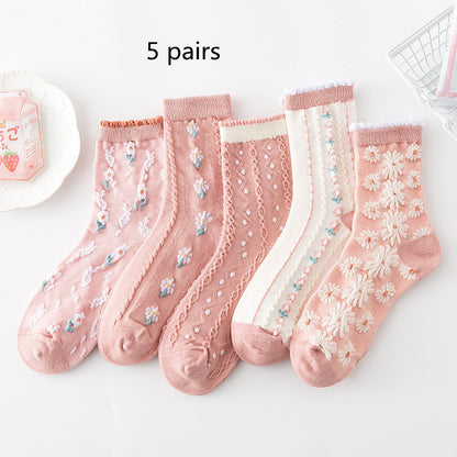 Cotton Socks Embossed  Three-dimensional Small Flower Socks