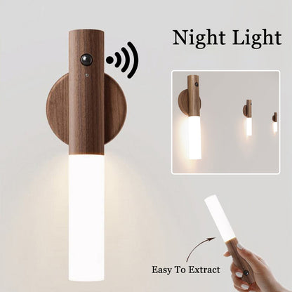 Wireless Motion Sensor Night Light – LED Wall Lamp with USB & Wood Finish