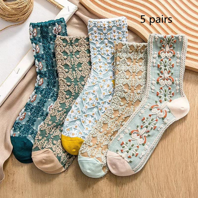 Cotton Socks Embossed  Three-dimensional Small Flower Socks