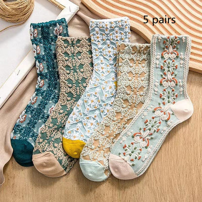 Cotton Socks Embossed  Three-dimensional Small Flower Socks