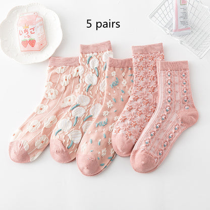 Cotton Socks Embossed  Three-dimensional Small Flower Socks