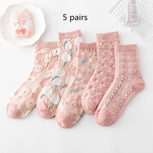 Cotton Socks Embossed  Three-dimensional Small Flower Socks